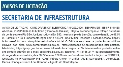 Imagem de Governo da Bahia realizará recuperação e reforço estrutural na ponte que dá acesso ao município de Lençóis